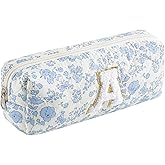 WHHJM Initial Makeup Bag Cosmetic Bag for Women, Cute Christmas Gifts for Girls, Personalized Blue Floral Coquette Travel Bag, Trendy Stuff Zipper Pouch Make Up Organizer (Blue Floral A)