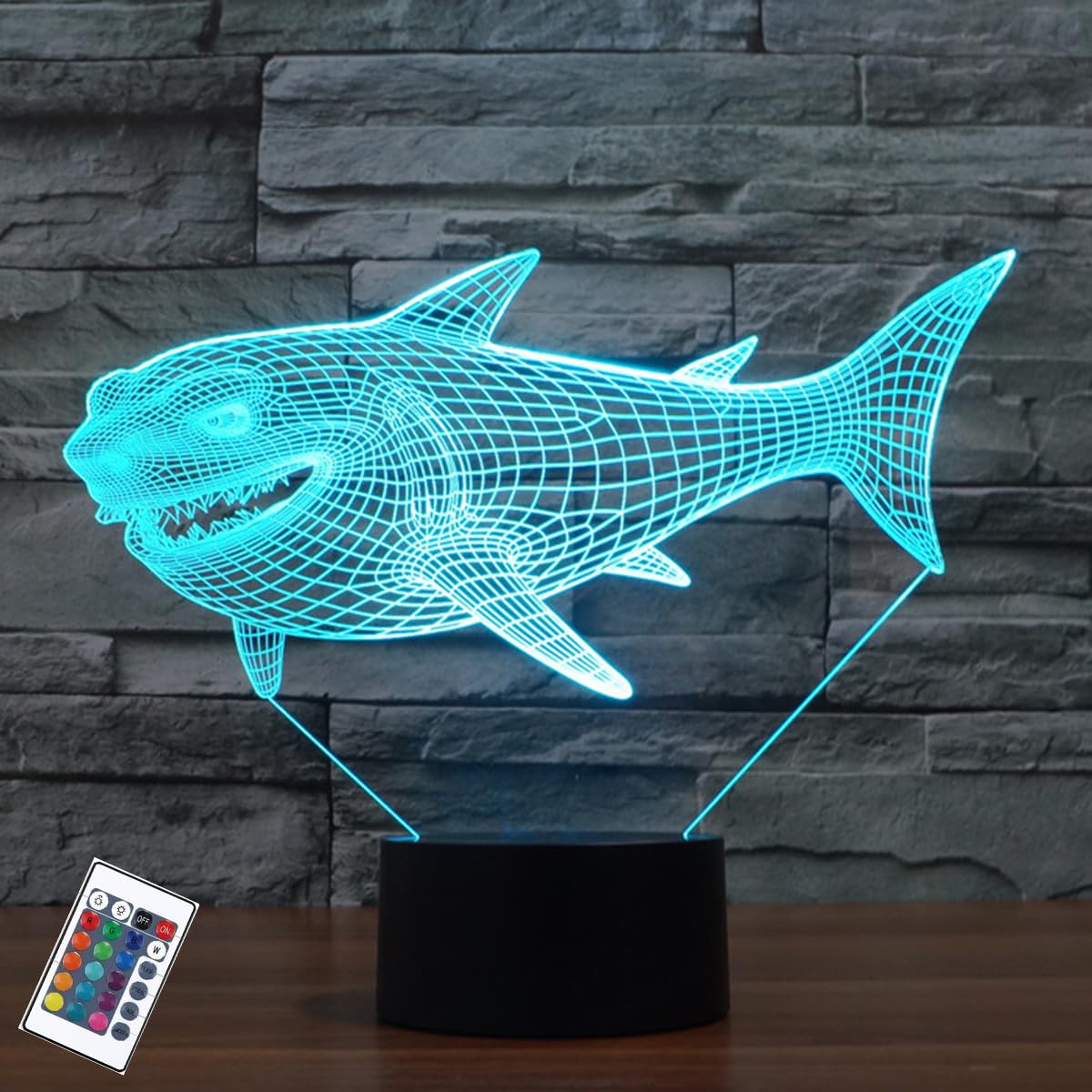 PONLCY 3D Illusion Lamp Shark Led Night Light, 16 Colors Changing USB Desk Lamps with Remote Control, Bedroom Decoration Table Lights for Kids Birthday Gifts