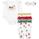 Baby Girl Christmas Outfit 3pc Set – Bodysuit Onesie, Leggings with Gold Waistband, and Bow Headband