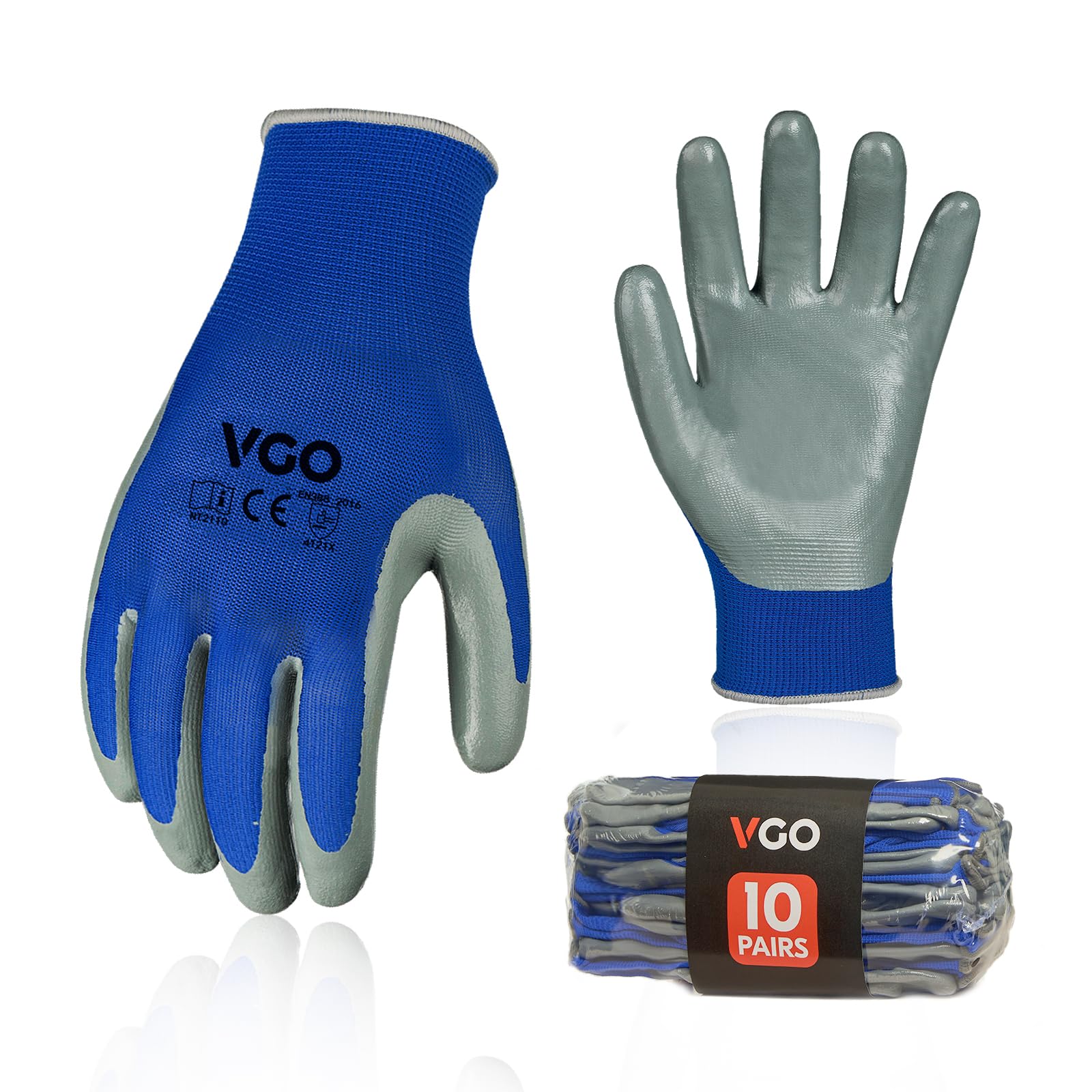Vgo... 10pairs Safety Work Gloves Nylon with PU Nitrile Coated Palm Non Slip Garden Gloves Utility Dipping Gloves, Multipack Latex Free