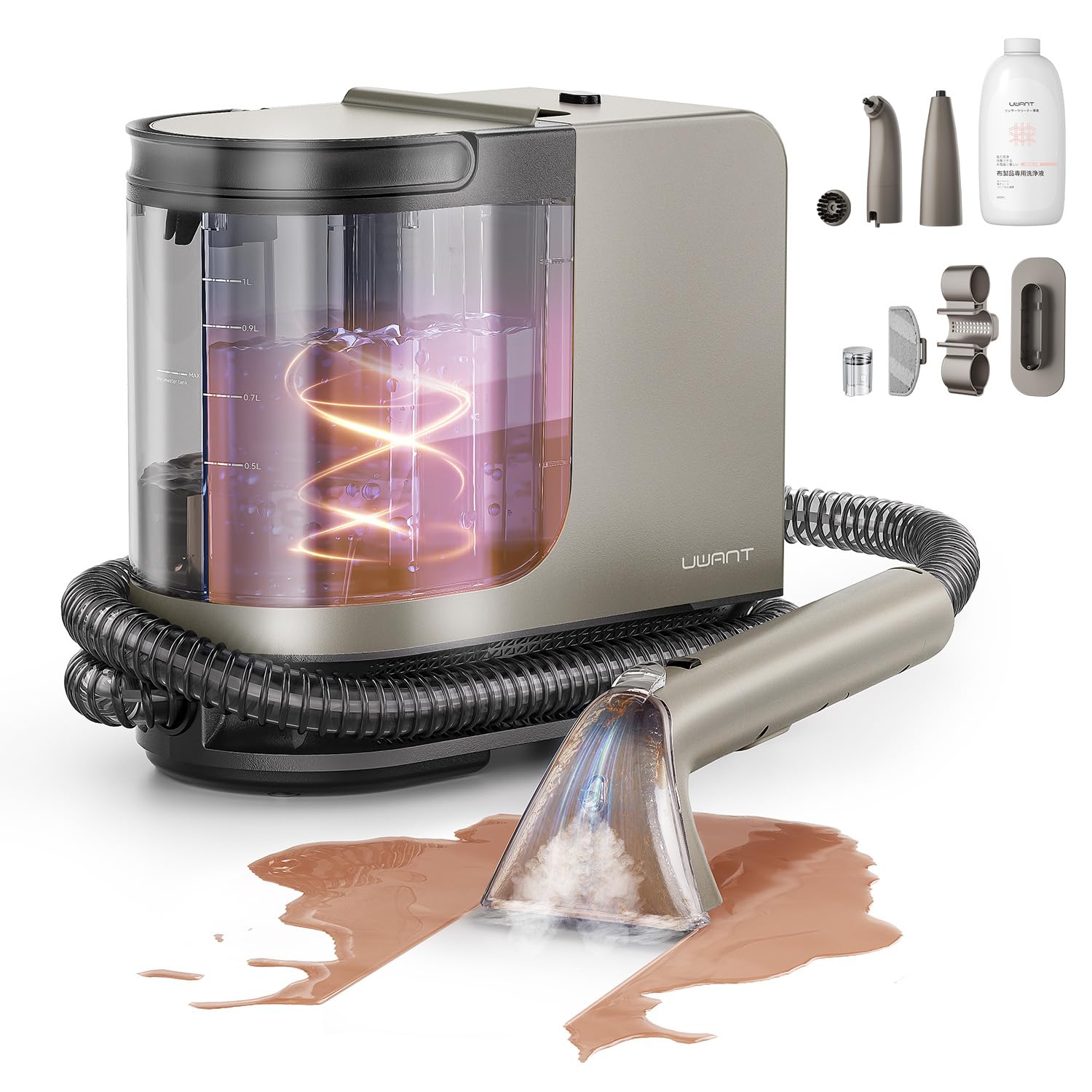 【100℃蒸気噴射×18000Pa超強吸引力×60℃加熱お湯】 uwant カーペットクリーナー 超強吸引力スチームクリーナー 高温リンサークリーナー 5種類のプロ仕様ブラシ＆専用洗浄液付き 2-in-1大容量水タンク 布洗浄機 ソファクリーナー 絨毯クリーナー マットレス/ペット用シート/ぬいぐるみ/車用/掃除用品