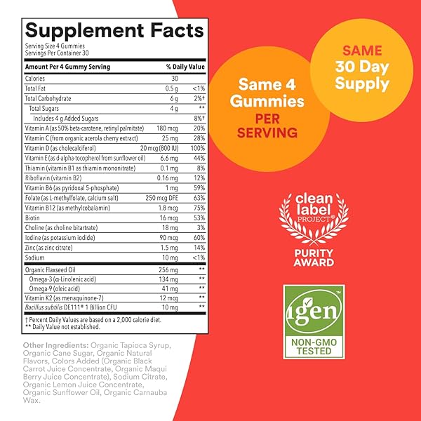 SMARTYPANTS ORGANIC KIDS MULTIVITAMIN GUMMIES: PROBIOTICS, OMEGA 3 (ALA), VITAMIN D3, C, VITAMIN B12, B6, A, K & ZINC FOR IMMUNE SUPPORT, BIOTIN, THREE FRUIT FLAVORS, 120 COUNT (30 DAY SUPPLY)