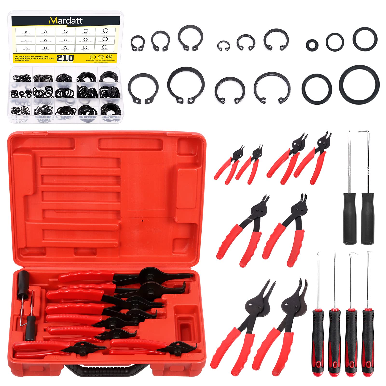 Mardatt 225Pcs Snap Ring Pliers Set Includes Straight & Bent Retaining Ring Pliers, 5 Sizes C-Clips, Rubber Gaskets & Precision Hook Set for Lawnmowers