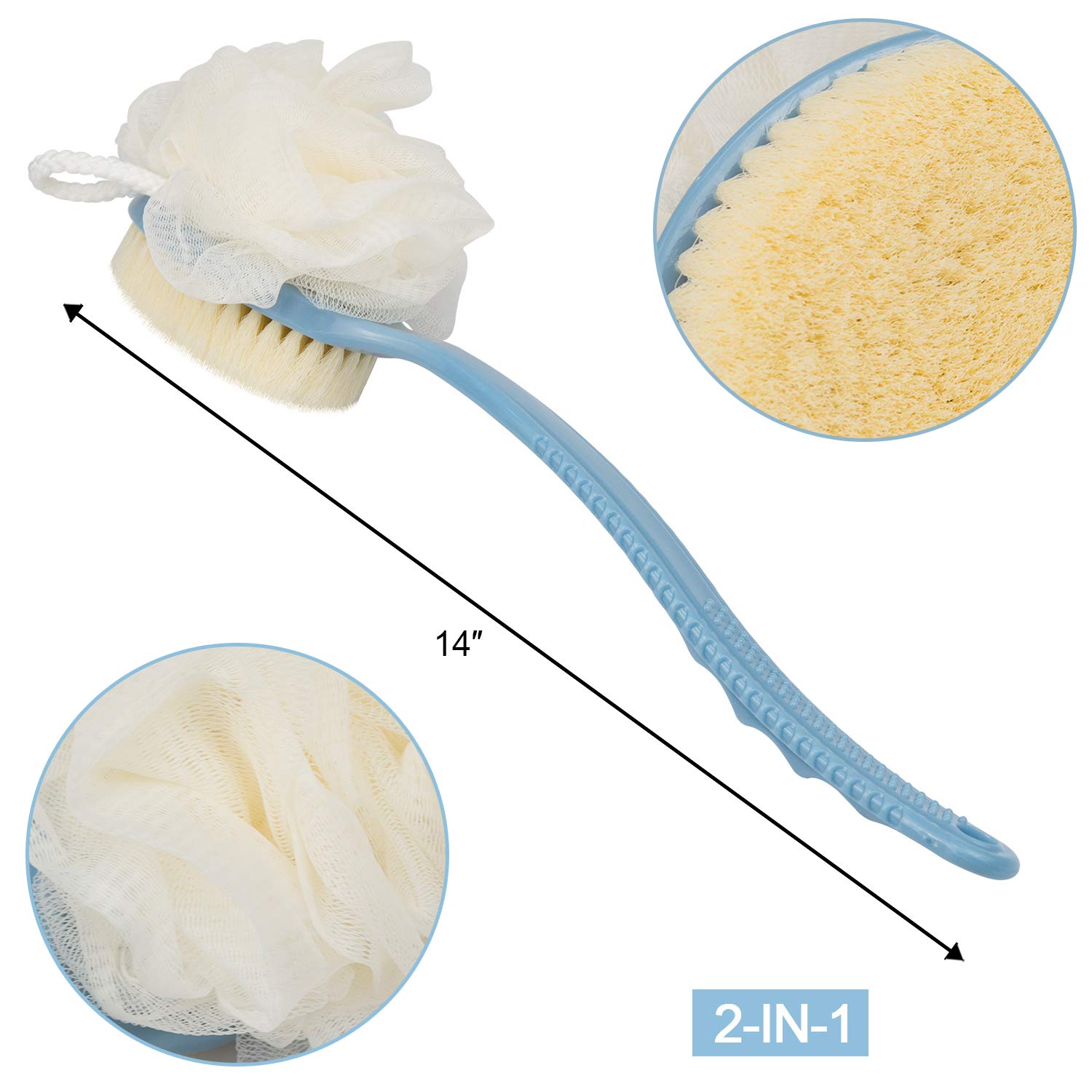 EAONE 2 PACK Shower Body Brush with Bristles and Loofah, Back Scrubber Long Handle Exfoliating Brush for Wet or Dry (Blue&White) : Beauty