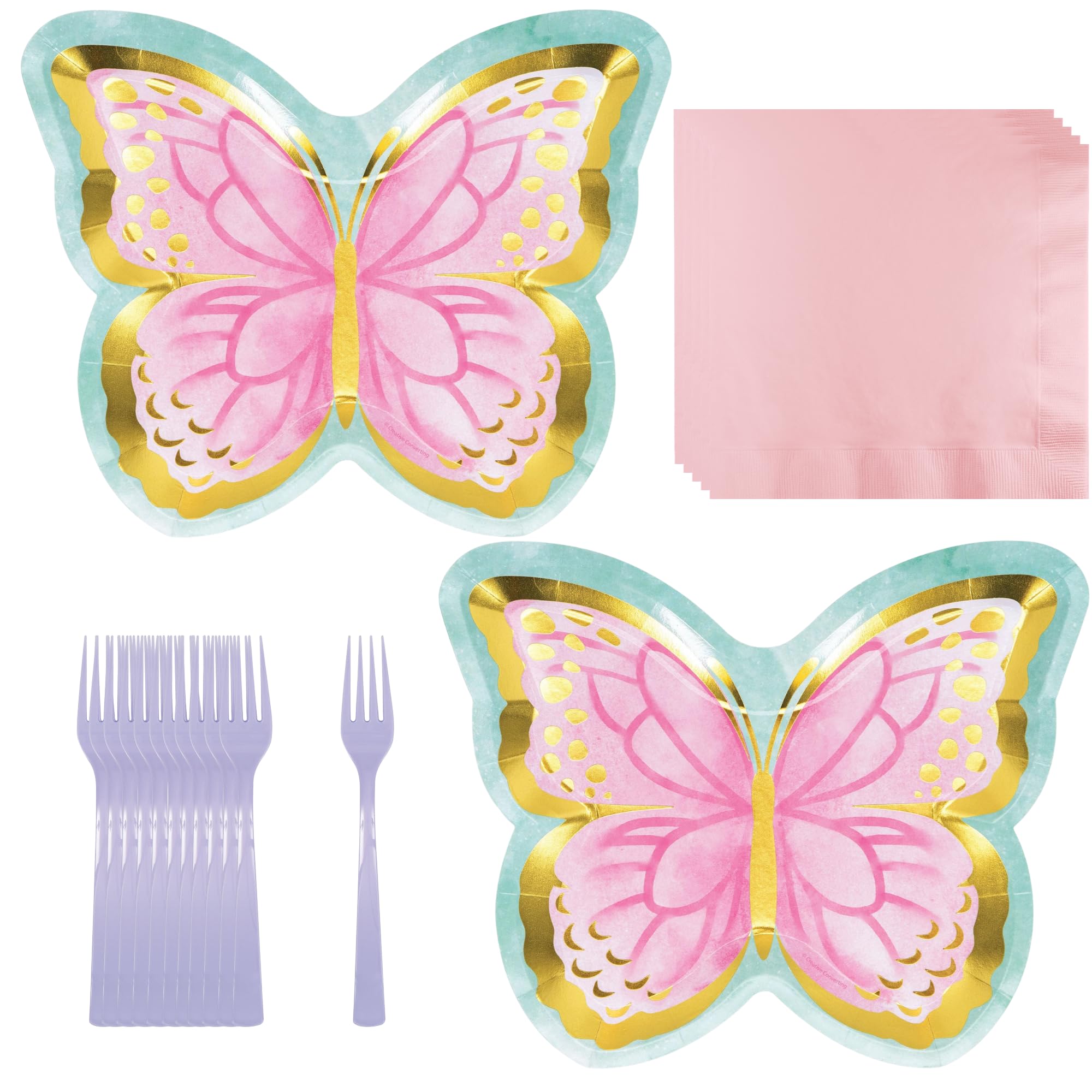 Butterfly Party Flutter Floral Paper Dinner Plates and Lunch Napkins (Serves 16)