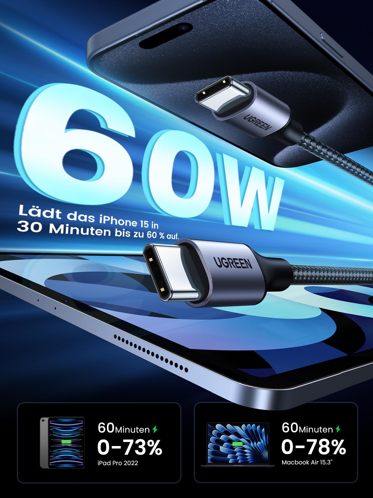 UGREEN USB C auf USB C Kabel 60W PD 3.0, PPS USB-C Ladekabel kompatibel mit iPhone 17 Pro Max,iPhone Air, iPhone 16 15 Pro Max, Galaxy S25 S24 MacBook Air M2 iPad Pro, Air 5/Mini, Pixel 9 usw. (1M) 3