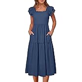 Caracilia Womens Summer Maxi Dress 2026 Casual Ruffle Short Sleeve Square Neck Smocked Flowy Sundress Beach Vacation Clothes
