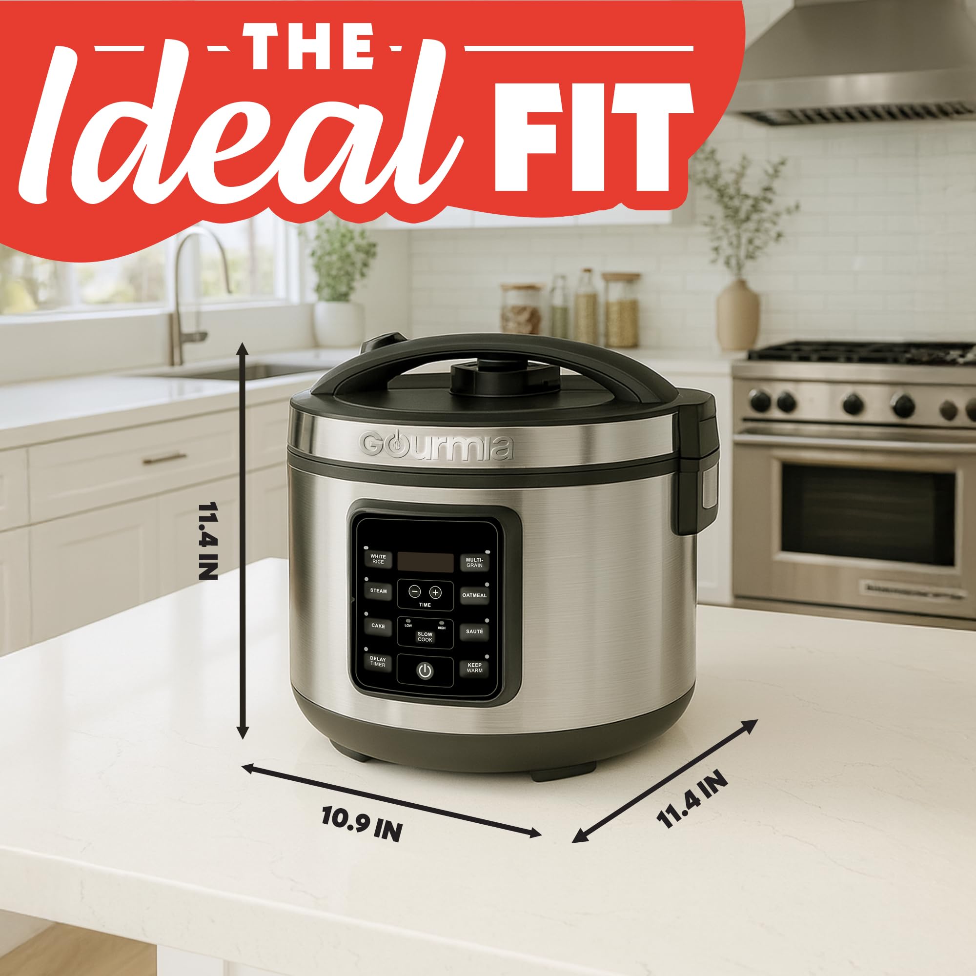 Gourmia Rice Cooker – 5 Qt Capacity, 20 Cup Cooked, 10 Cup Uncooked, Digital Controls, 6 Cooking Presets, Grain Cooker & Steamer, Nonstick Pot, Steam Tray, Delay Timer, Keep Warm, Stainless Steel