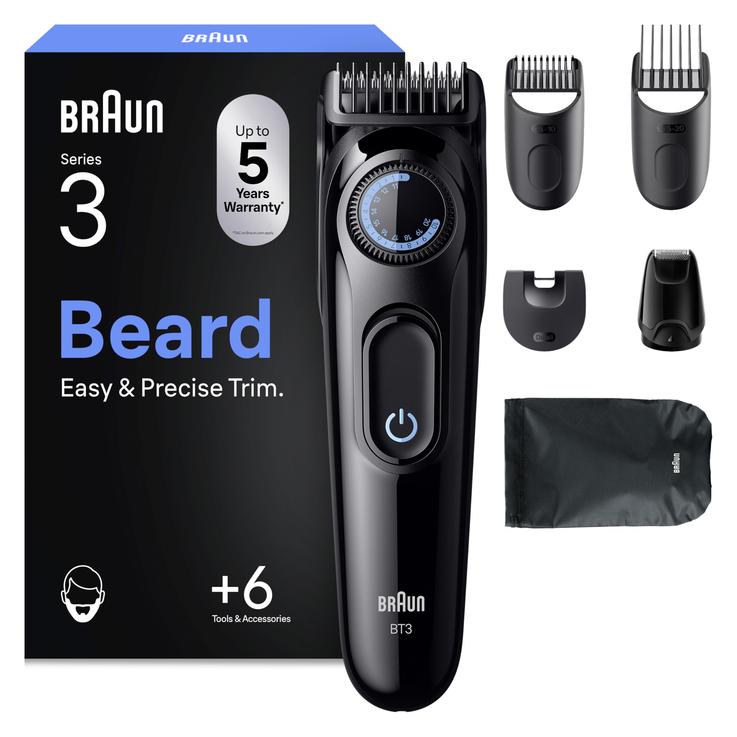 Braun Regolabarba Uomo Series 3, +6 Strumenti Di Styling, Lama Ultra Affilata, 50 Min Di Utilizzo, 40 Lunghezze, Rasoio Elettrico Barba, BT3565, Nero/Blu