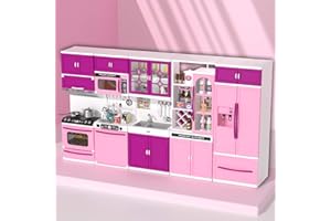 TEMI 56 PCS Kitchen Set for Kids Girls Pink Play Accessories 5-in-1 Mini Kitchen with Lights & Sounds, Perfect for 11-12" Dolls