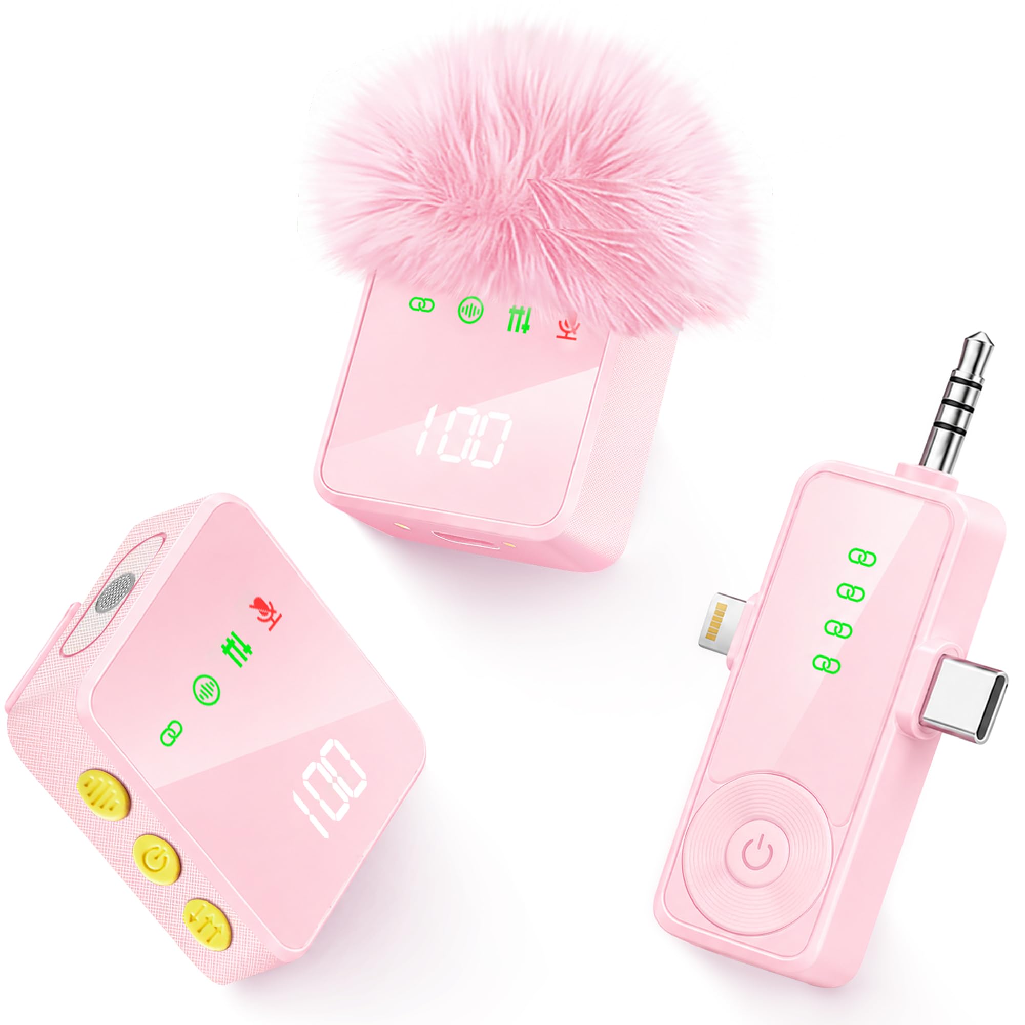 Gicorino 3 in 1 Wireless Lavalier Microphone for iPhone Android Camera-Pink | Mini Mic with Digital Display & Noise Reduction