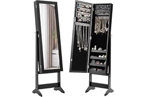 COSTWAY Jewelry Armoire Cabinet, Standing Jewelry Organizer with Full-length Mirror & 3 Adjustable Angles, Large Storage Capa