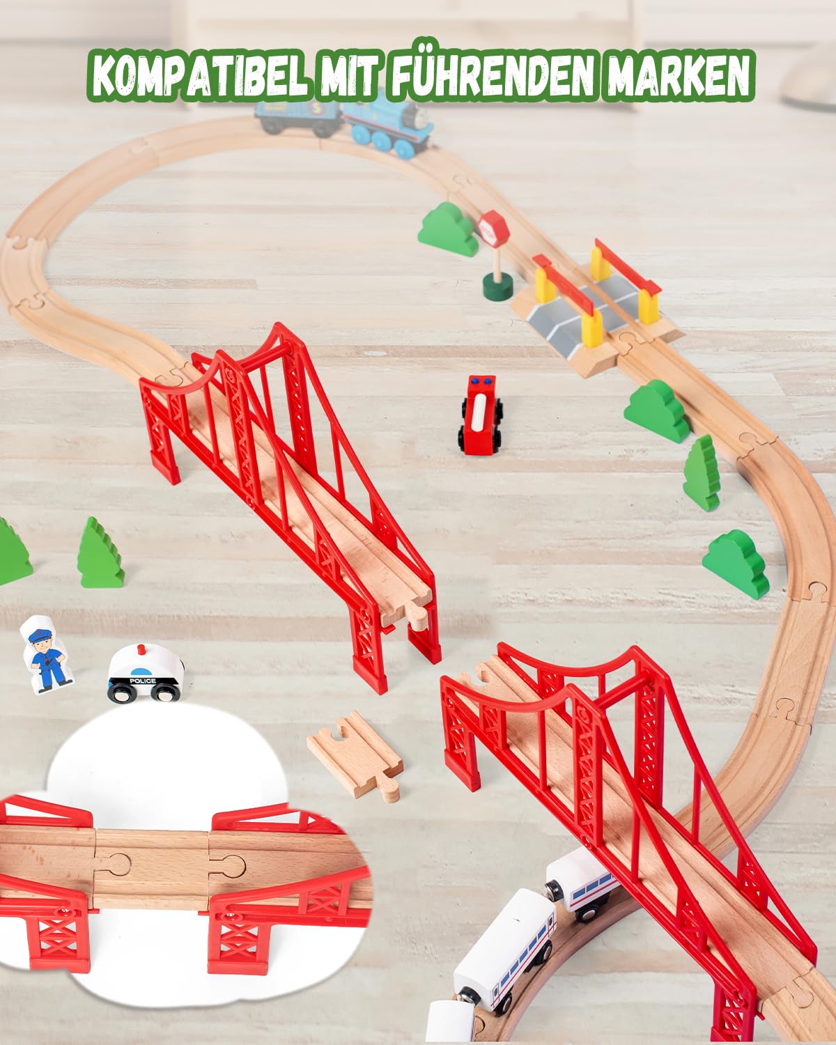 Holzeisenbahn zubehör Holz Eisenbahn brücke Doppel Hängebrücke Set Holz Eisenbahn Kinder Zug Spielzeug Holzeisenbahn für die Kleinen im Alter von 3 Frühlingen 6