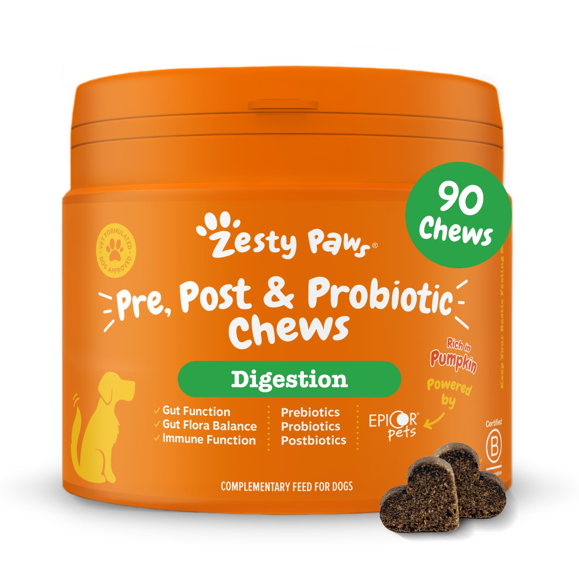 Zesty Paws Probiotic Chews for Dogs | Supports Gut Health, Stool Quality & Digestive Balance, Bad Breath | Contains Prebiotics, Probiotics & Postbiotics, Pumpkin & Linseed | Daily Use | 90 Chews