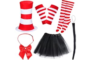 Keymall Top Hat Cat Costume Kit for Kids Red And White Striped Stovepipe Hat Gloves Bow Tie Long Tail For Halloween Props