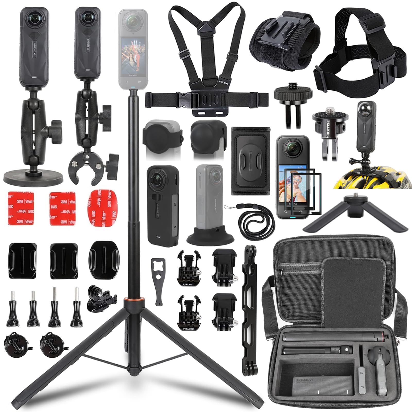 Photo 1 of PellKing Accessories Kit for Insta360 X5,Included Carrying Case with Belt,135cm Selfie Stick Tripod,Aluminium Handlebar Clamp.2 Pcs Metal 1/4" Adapter,Magnetic Mount,4 Pcs Body Strap Mount,and Other