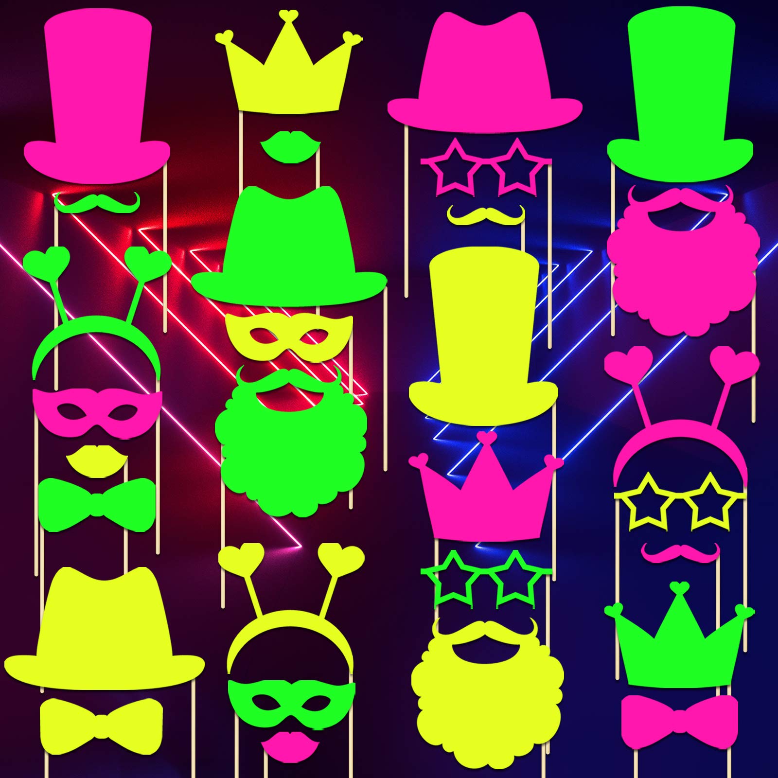 42 Neon Photo Booth Props Full Assembled Luminescent Party Props Assembled Fluorescent Paper Posing Props Party Lights Supplies 3 Colors for Birthdays Bright Weddings