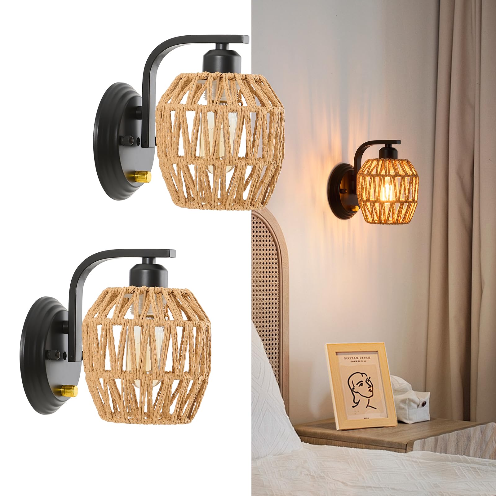 Zswanbei Boho Rattan Wall Sconces Set of Two Bedside Wall Lamp ...