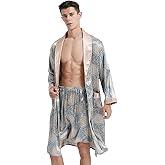 Haseil Men's Luxurious Kimono Robe with Shorts Silk Satin Bathrobes Lightweight Long Sleeve Sleepwear Set