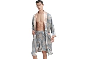 Haseil Men's Luxurious Kimono Robe with Shorts Silk Satin Bathrobes Lightweight Long Sleeve Sleepwear Set