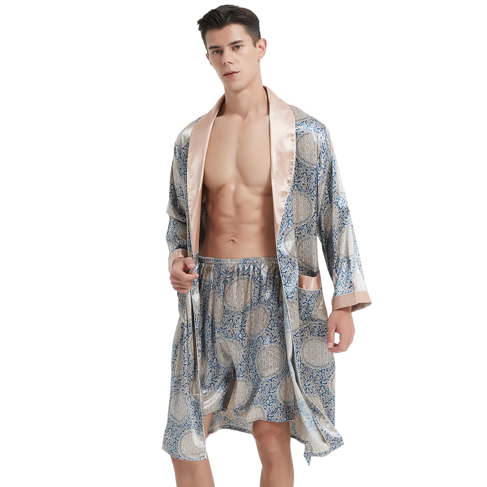 Photo 1 of Haseil Men's Luxurious Kimono Robe with Pajama Shorts Set Long Sleeve Silk Bathrobe Soft Satin Robe Lightweight House Sleepwear, Blue, Tagsize3XL=USsizeL