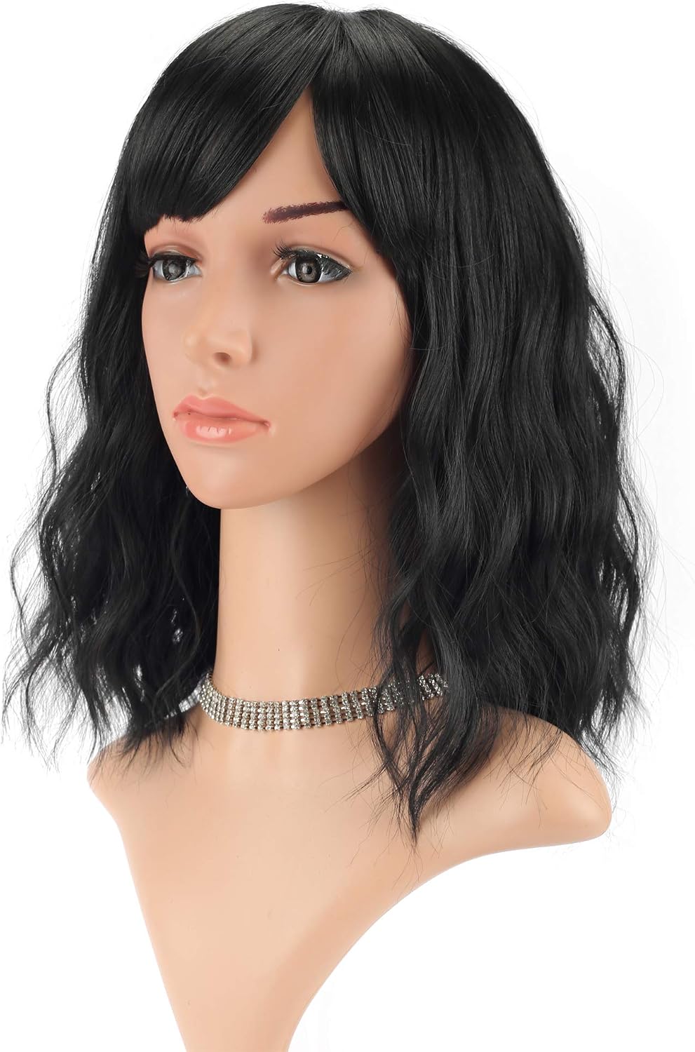 FAELBATY Short Black Wig With Air Bangs Shoulder Length Curly Wavy Synthetic Cosplay Bob Wig for Girl Costume Wigs (14" Black Color)