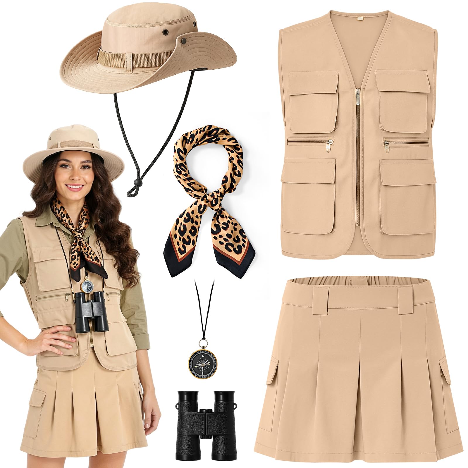 Photo 1 of Shihanee 6 Pcs Women Safari Costume Hunting Outfit Fishing Vest Sun Bucket Hat Leopard Neck Scarf Binocular Zoo Cosplay(M)