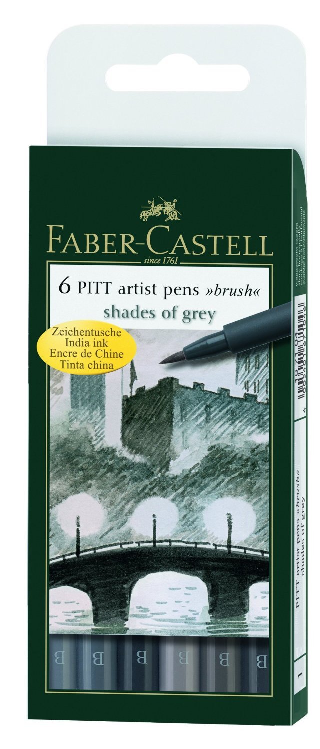 Faber-Castell Art & Graphic Pitt Artist Pen Brush India Ink Pen, Grey Tones, Wallet Of 6, For Art, Craft, Drawing, Sketching, Home, School, University, Colouring — image 1