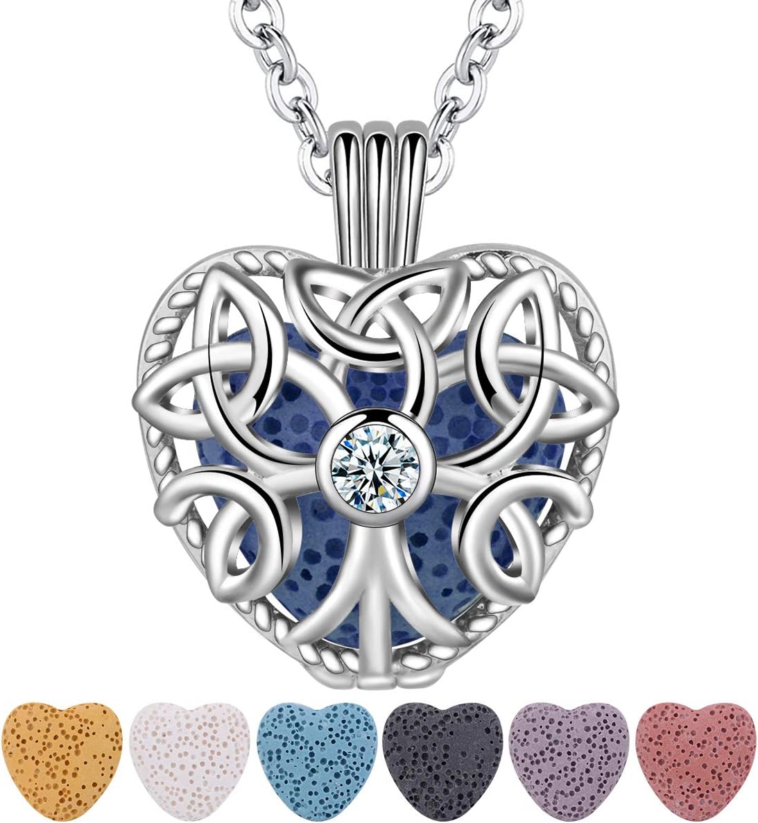 CELESTIA Essential Oil Diffuser Necklace for Women Heart Aromatherapy Locket Pendant with 7 Reusable Coloured Lava Stones Gift Jewelry Set - 24" Chain