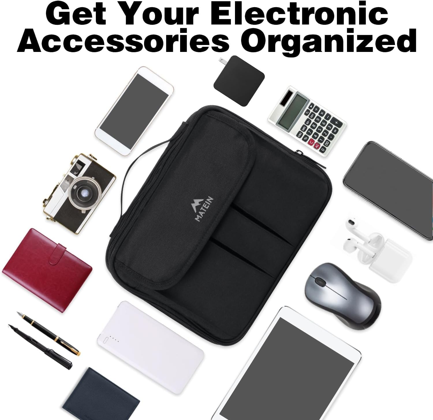 MATEIN Electronics Organizer, Waterproof Travel Electronic Accessories Case Portable Double Layer Cable Storage Bag for Cord, Charger, Power Bank, Flash Drive, Phone, Tablet, SD Card, Black