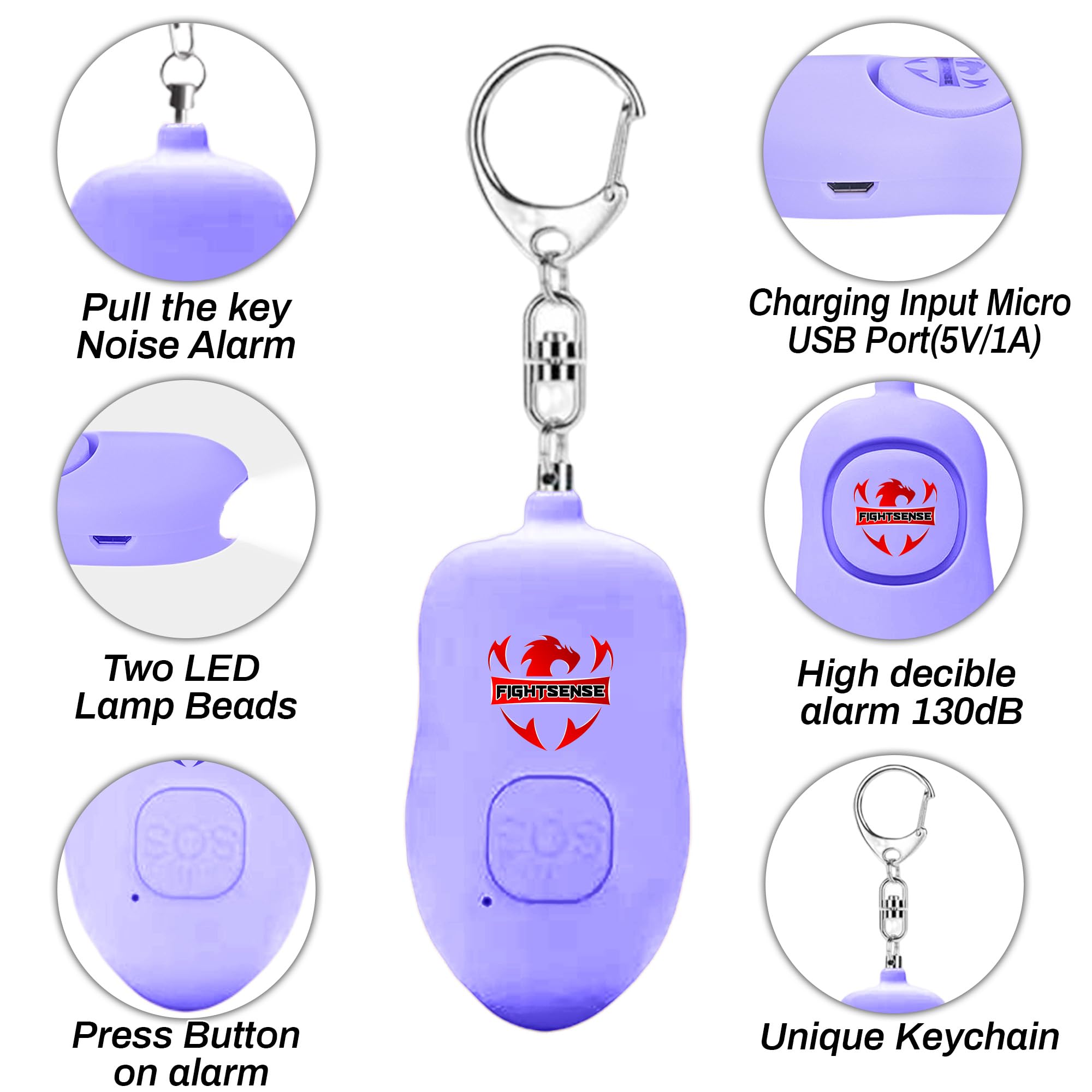 Fightsense Personal Alarm Keychain with Snap Hook, 130dB Siren Safety Alarm for Women LED Light (300m Audible) (Purple)
