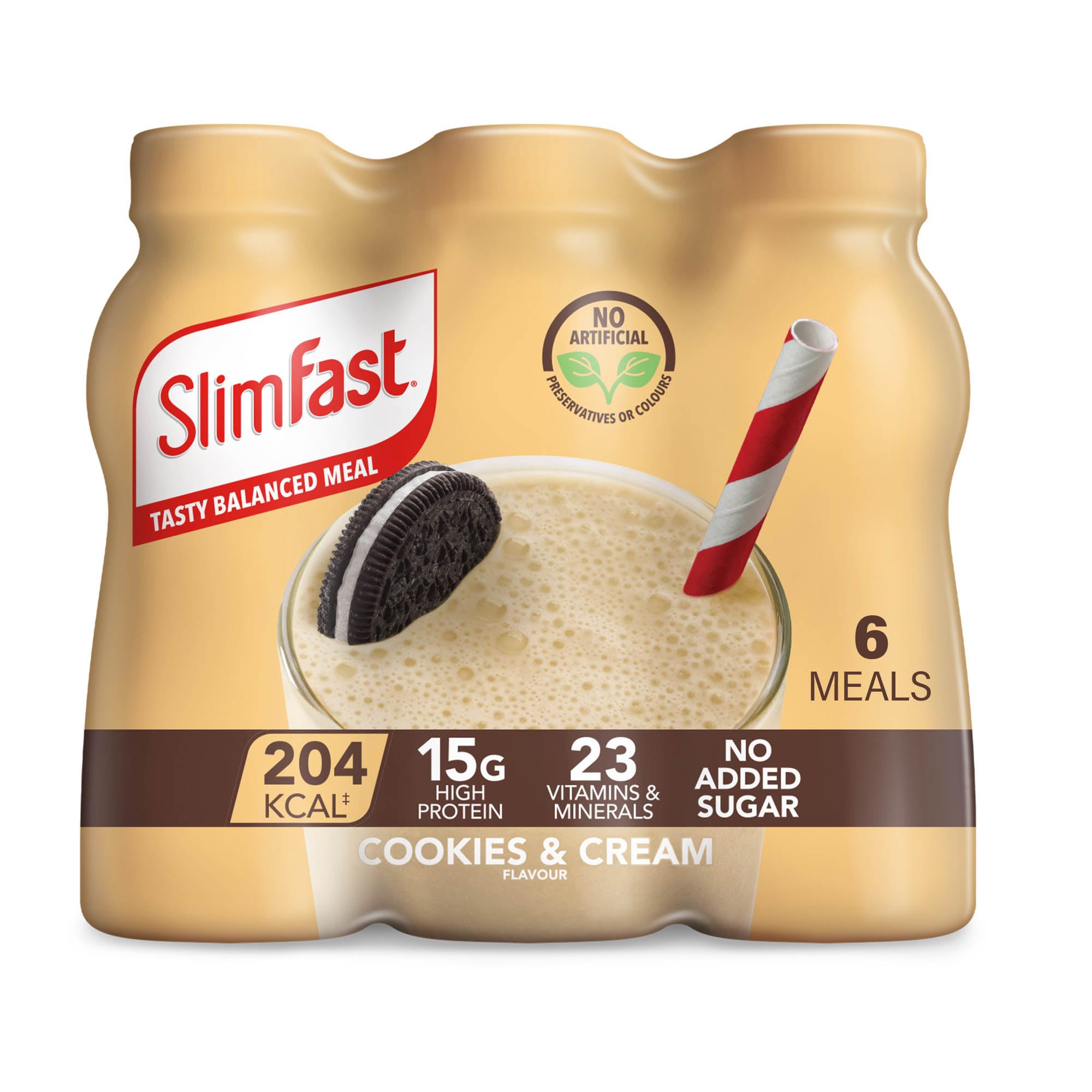 SlimFast Ready To Drink Shake, Tasty, Balanced Shake with Vitamins and Minerals, No Sugar, Cookies and Cream Flavour, 6 x 325 ml Multipack