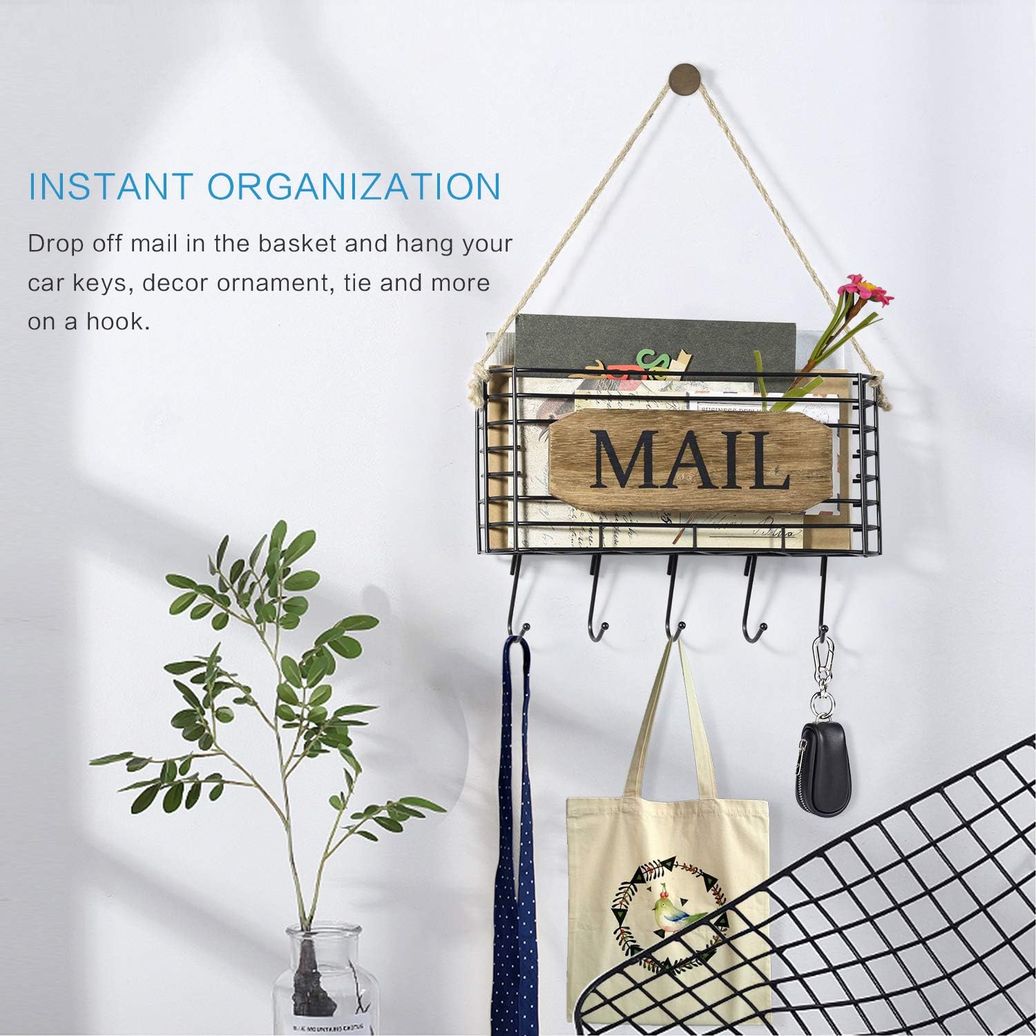SRIWATANA Mail Key Holder, Mail Organizer Wall Mount, Small Size Hanging Mail Letter Basket with 5 Hooks, Carbonized Black: Home & Kitchen