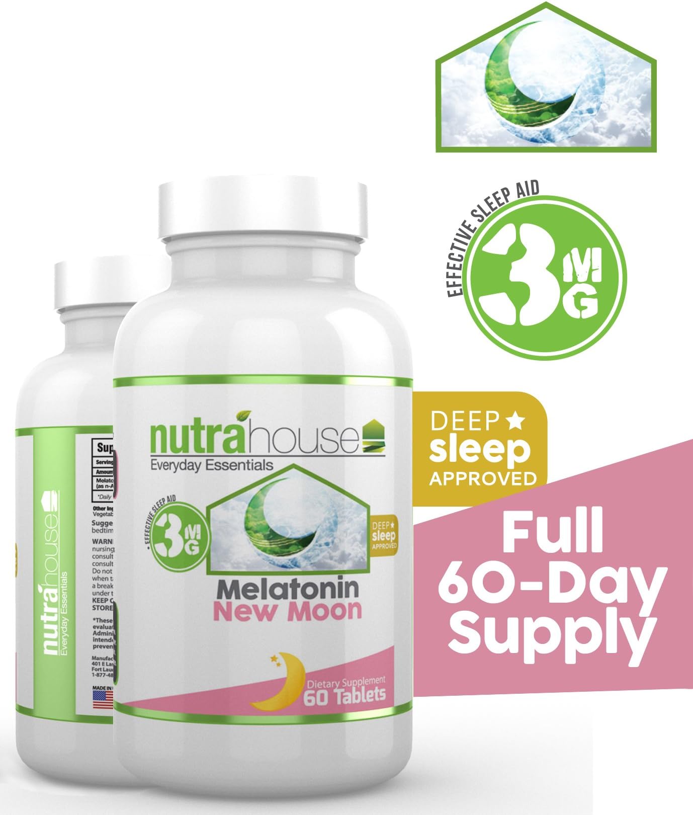 Melatonin New Moon Soothing Sleep Aid 3 mg 60 Tablets by NutraHouse Vitamins Deep Sleep by NutraHouse Essentials 60 Servings
