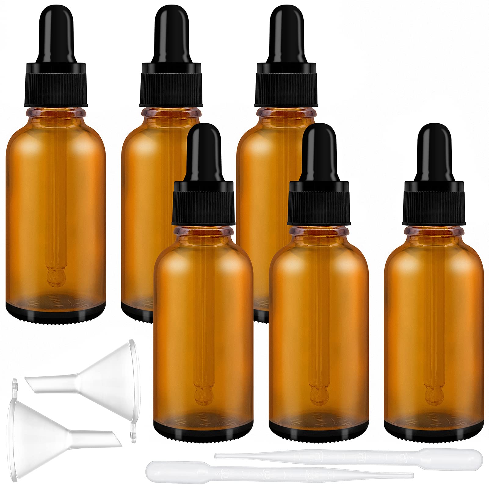 YHSWIN Glass Bottles for Essential Oils, 6Pcs 30ml Amber Glass Dropper Bottle Refillable Empty Glass Bottles Kits, for Essential Oil Skincare Eye/Ear Dropsy(Included 2 Droppers and 2 Funnel), Brown