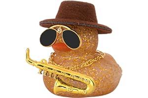 wonuu Car Dashboard Ducks, Saxophone Decor Rubber Duck Car Ornaments with Mini Top Hat Necklace Sunglasses (Light Brown)