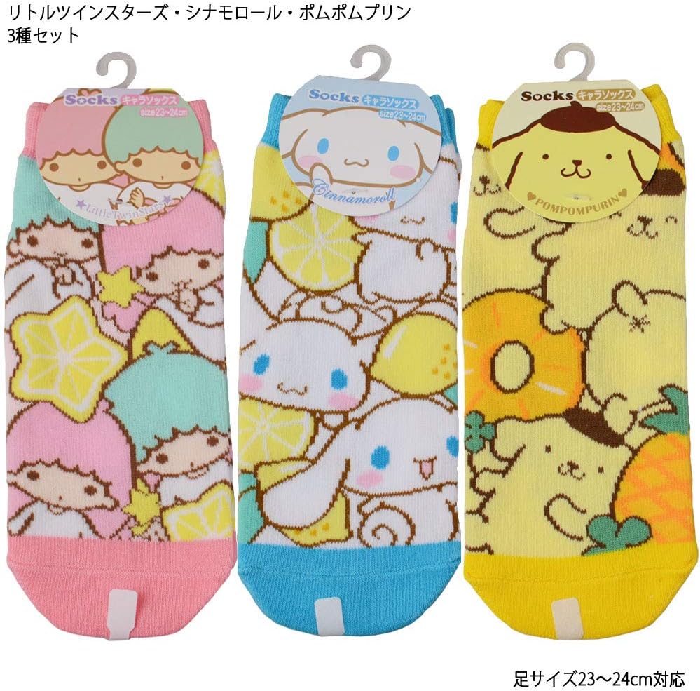 Amazon サンリオ ソックス 3足セット 23 24cm リトルツインスターズ シナモロール ポムポムプリン 靴下 フルーツ柄 キッズコスチューム 変身 なりきり おもちゃ
