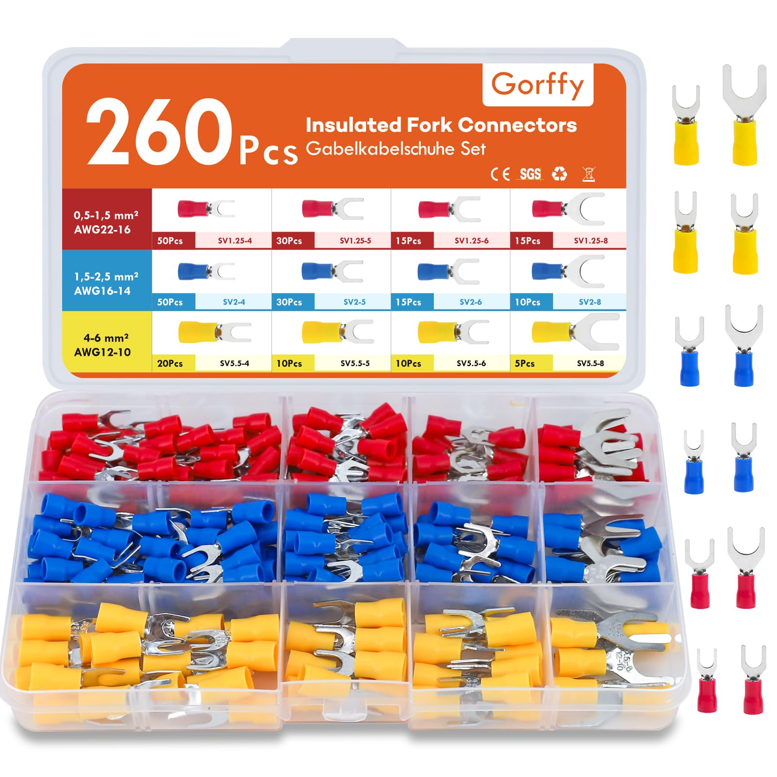 Gorffy Fork Crimp Connectors, 260 PCS Insulated Electrical Terminals, 0.5-6.0 mm², Blue, Red, Yellow, Brass and Nylon — image 1