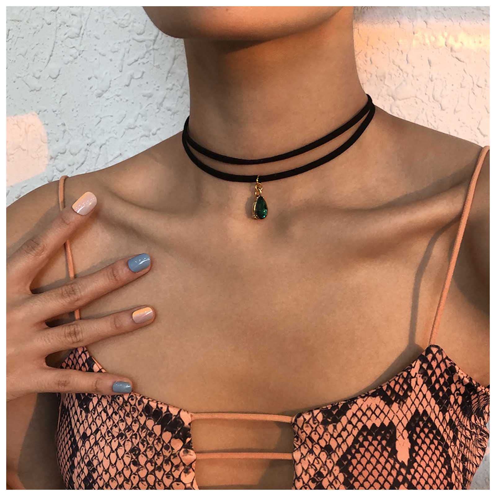 Cimenexe Gothic Layered Leather Choker Necklace Emerald Pendant Necklace Choker Green Teardrop Necklace Black Leather Collar Necklace Short Leather Cord Necklace Jewelry for Women and Girls