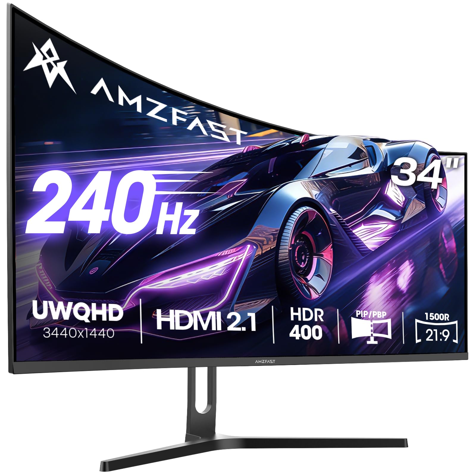 Amzfast 34 Zoll Curved Gaming Monitor, 3440x1440 UWQHD, 240Hz, 1ms MPRT, 1500R VA Curved, 21:9, 3000:1 Kontrast, 130% sRGB, HDR 400, Adaptive Sync, Pip/PBP, HDMI2.1&DP1.4, VESA 75x75mm, AMZG34C5QPro