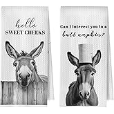 BlissfulAbon Funny Donkey Hand Towels Set - Hello Sweet Cheeks Donkey Waffle Decorative Bathroom Towels, Farmhouse Hand Towels, Hello Sweet Cheeks Bathroom Decor, 16x24 Inch Set of 2