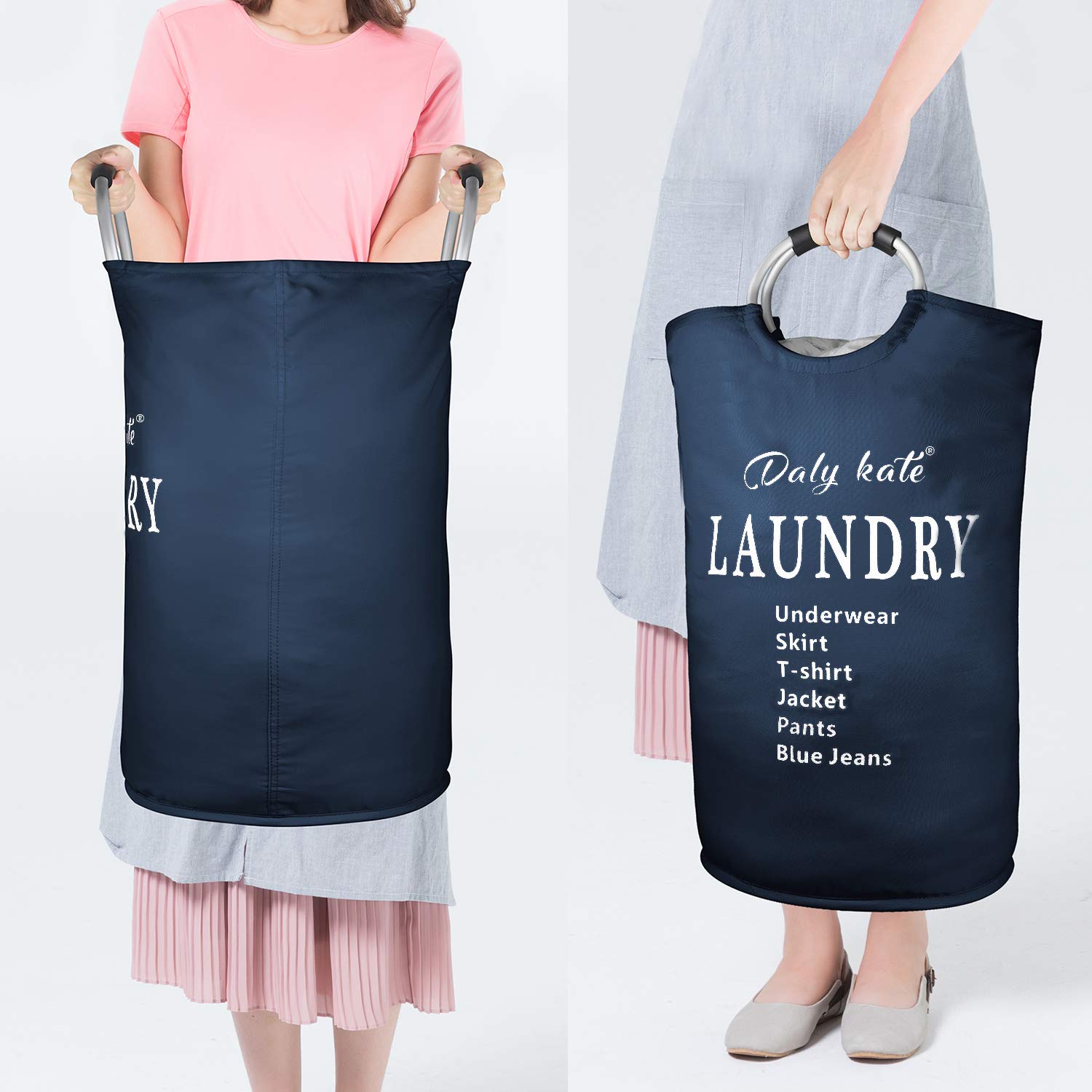 Daly Kate Large Laundry Bag Collapsible Oxford Fabric Laundry Hamper Bag with Aluminium Handles Foldable Tote Clothes Basket for Laundry and Storage-Dark Blue