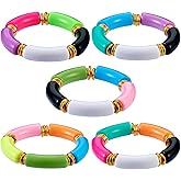 Ornaland 5 Pcs Bamboo Tube Bangles Bracelets Chunky Curved Stacking Clear Acrylic Beads Stretch Bracelets Set Candy Color Friendship Couple Bracelets Gift for Women Men,2 inch(5cm)