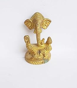 PARIJAT HANDICRAFT Brass Ganesh on Trunk Abstract Idol Ganesha bhagwan Statue murti Decorated ganpati for Home Office Entrance Decor Good Luck Diwali chaturthi Pooja Gift