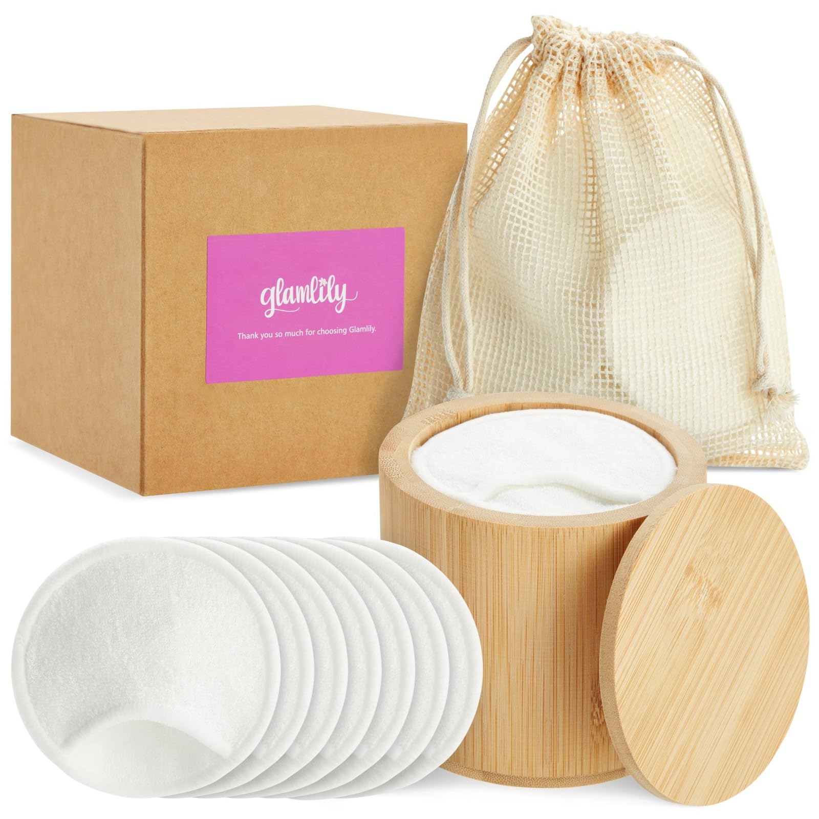 Photo 1 of Glamlily Reusable Cotton Pads for Face Makeup Removal with Bamboo Holder and Mesh Storage Bag (White) 16 Pack