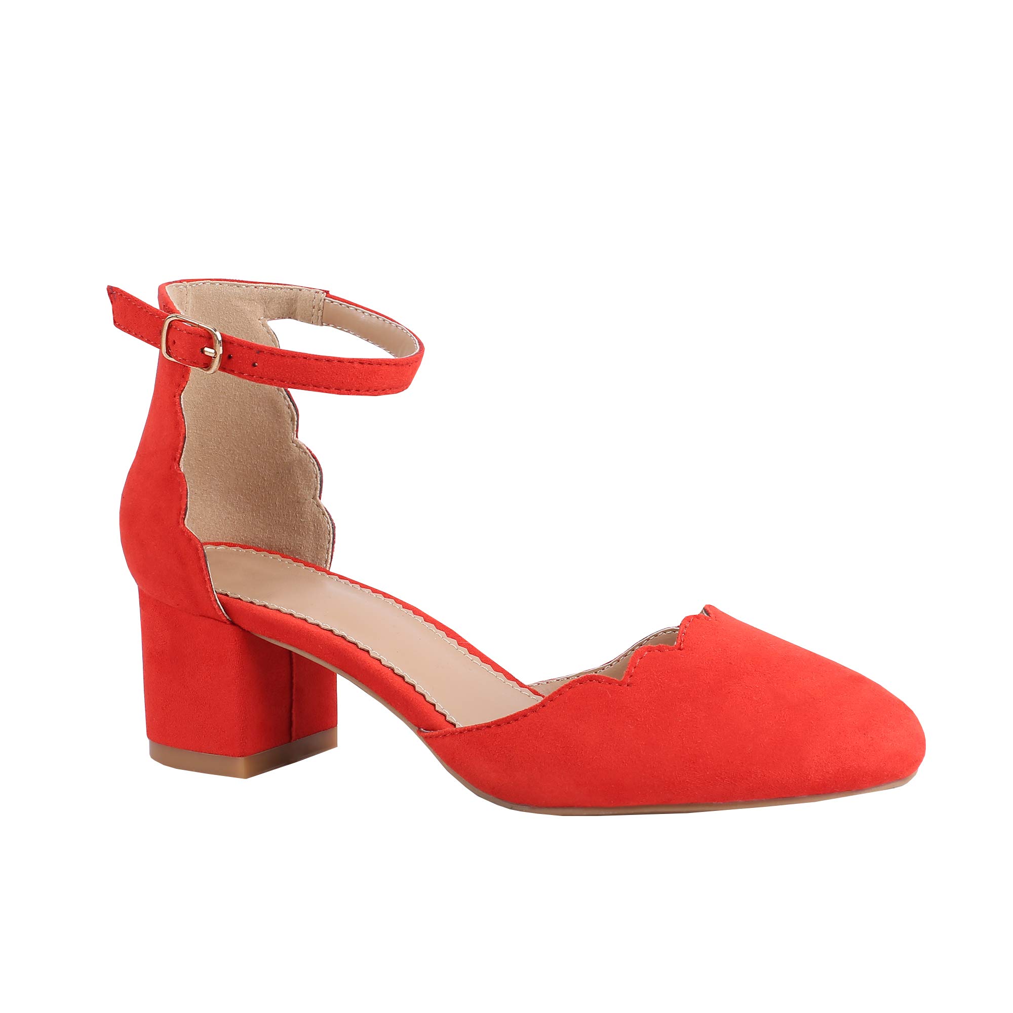 Womens Low Chunky Heel Pumps Pointed Toe Scalloped Buckle Ankle Strap Party Dress Shoes Sandals Red - Image 3