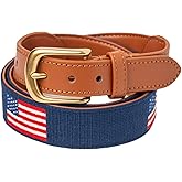 Palmetto Golf & Belts Men Navy Classic Embroidered American Flag Golf Belt Cowhide Pure Leather Backing & Solid Brass Buckle
