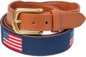 PALMETTO GOLF & BELTS LLC Palmetto Golf & Belts Men Navy Classic Embroidered American Flag Golf Belt Cowhide Pure Leather Backing & Solid Brass Buckle
