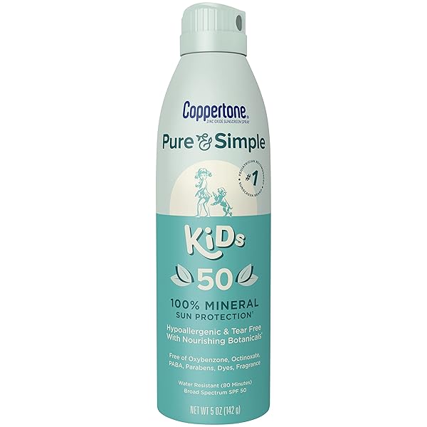 COPPERTONE PURE AND SIMPLE KIDS SUNSCREEN SPRAY SPF 50, ZINC OXIDE MINERAL , TEAR FREE, WATER RESISTANT, BROAD SPECTRUM , 5 OZ
