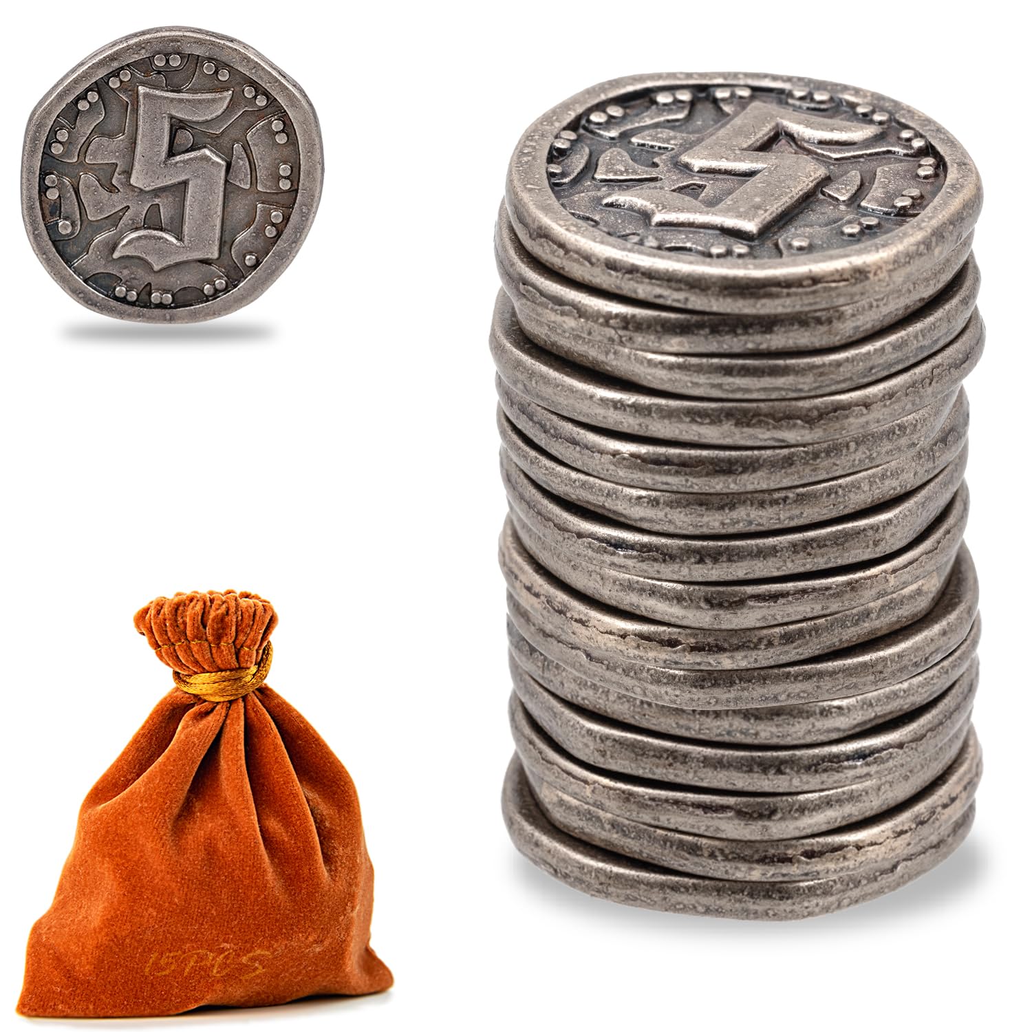 Metal Coins for Board Games, Prefdo 15 PCS Treasure Tokens for Poker, RPG, Strategy Tabletop Gaming, Fantasy Currency, Heavy Duty Generic Game Currency (Retro Silver - Value 5 Coins)